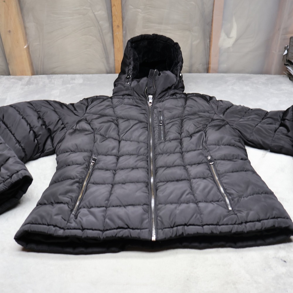 Calvin Klein Jacket Women Large Black Quilted Puffer Faux Fur Lined Winter Light